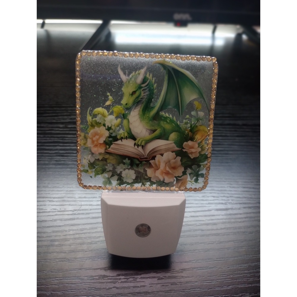 Fantasy Dragon Night Light Plug-In LED Decorative Lamp Glitter Resin Floral Book